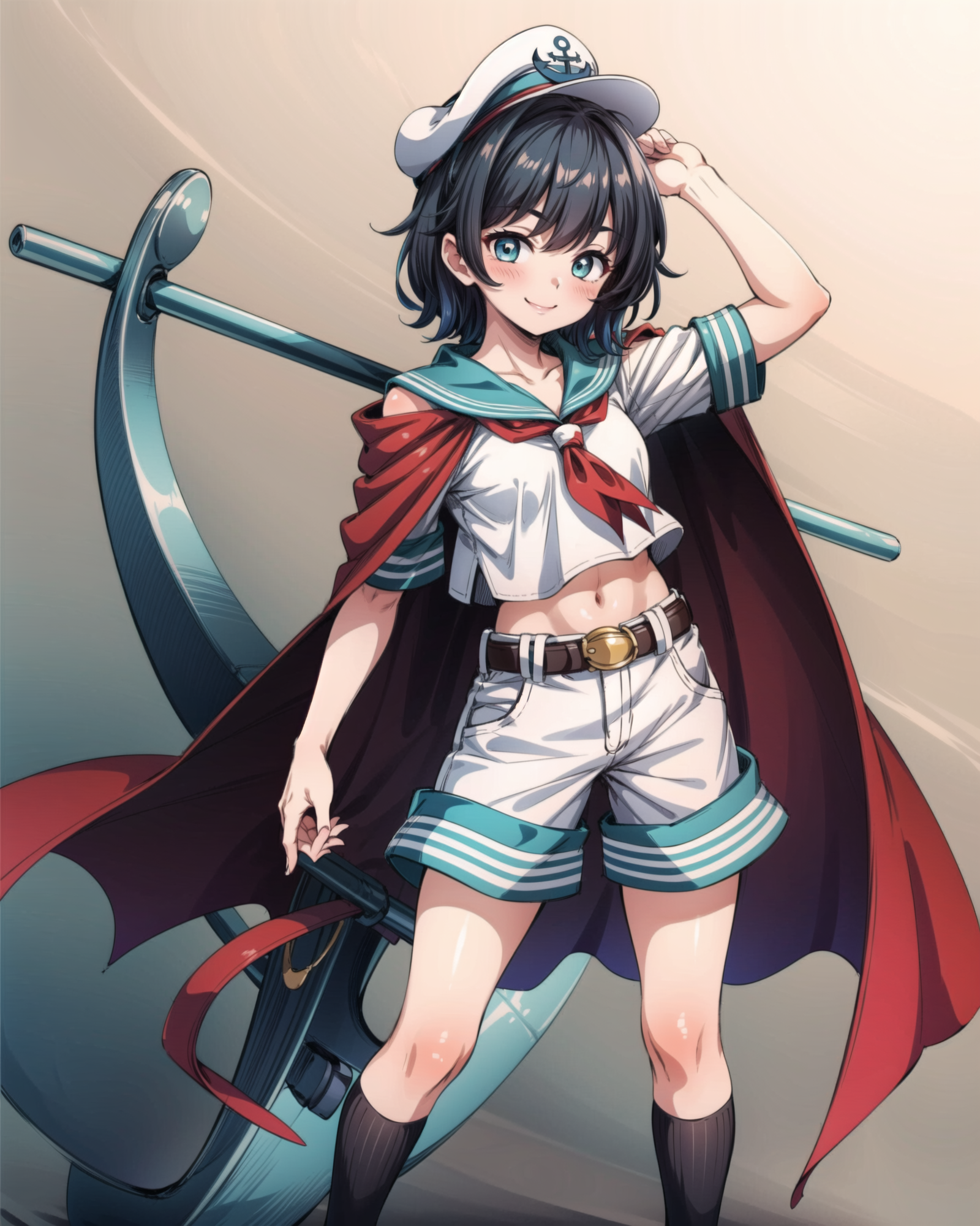 01652-1853967884-, 1girl, aqua_eyes, anchor, belt, blush, brown_footwear, cape, crossed_arms, full_body, gradient_background, blue_hair, hat, jac.png
